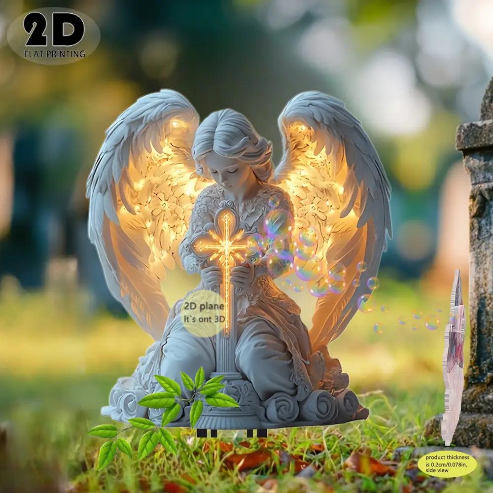 2D Angel Cross Garden Statue Religious Memorial Decor Durable Plastic Lawn Tombstone Mark Christmas Easter Thanksgiving Easy To Install