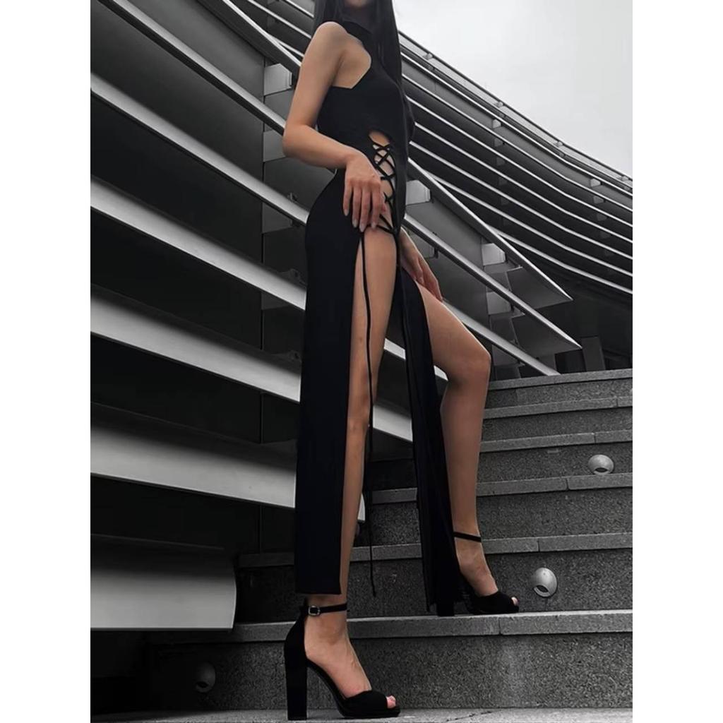 Goth Gothic Dress Cosplay High Split Sexy Bandage Women Dress Halter Slim Midi Dark Black Grunge Partywear