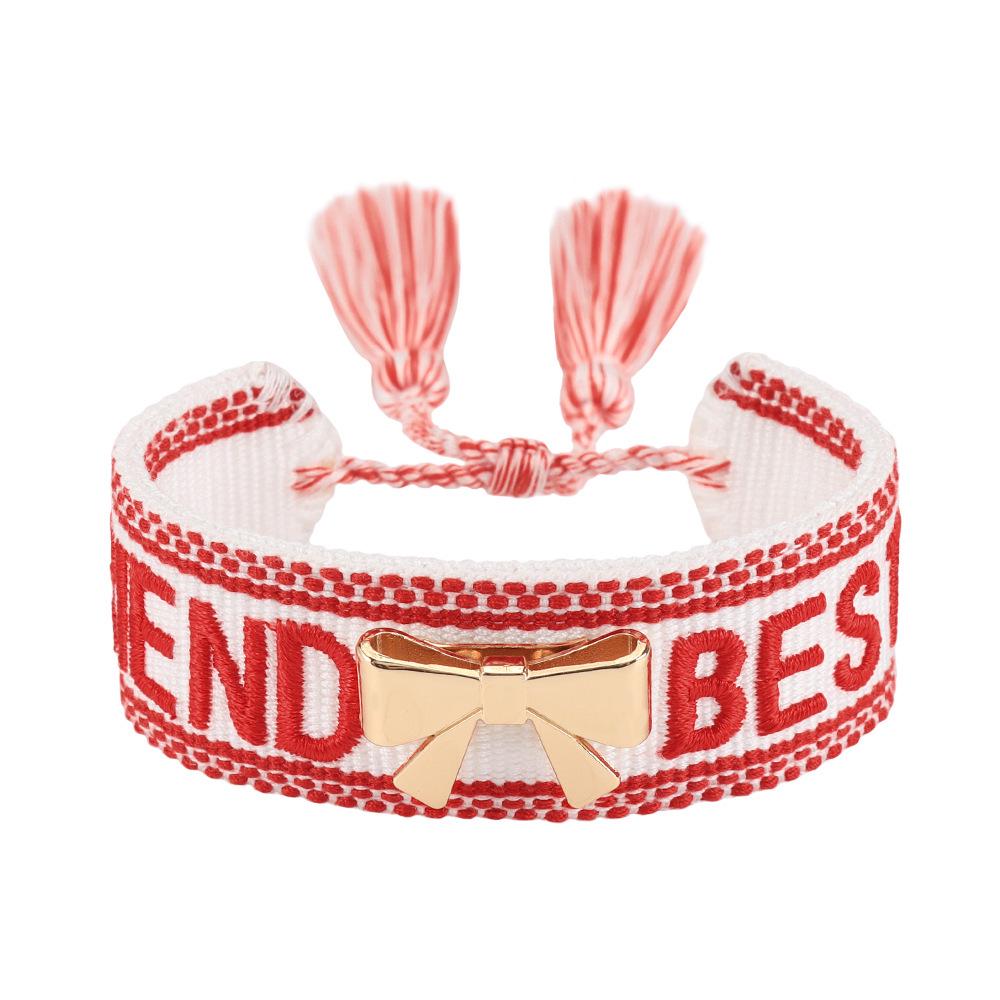 

Handmade Embroidered Rose Bow Rivet Bracelet with Tassels for Women