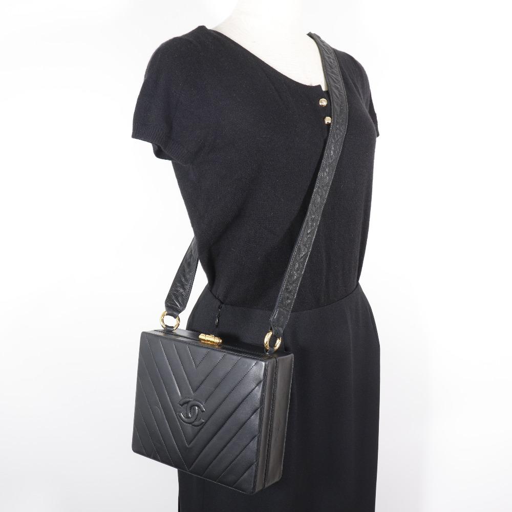 CHANEL Chevron COCO Mark Shoulder Bag V stitch vintage black lambskin Women Used