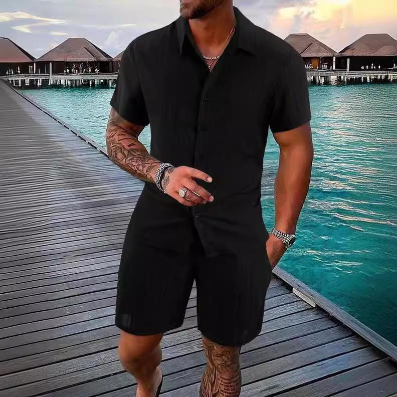 2023 Men's Casual Short-Sleeve Shirt and Shorts Beach Suit - European & American Summer Style