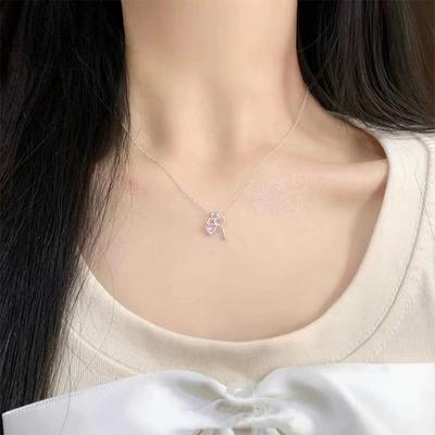 Collana con Ciondolo a Chiave a Cuore in Zircone Rosa Carina di Lusso Leggero Catena Clavicola Per Donne Elegante Piccola Squisita Collana Gioielli da Festa