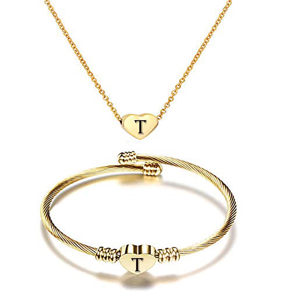 European & American Stainless Steel Heart & Letter Necklace Bracelet Set