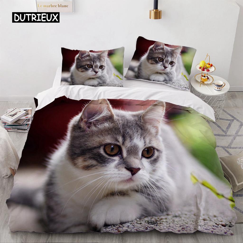 3D Bedding Sets Red Duvet Quilt Cover Set Comforter Bed Linen Pillowcase King Queen 210*210cm Size Pet Cat Design for Kids Girls