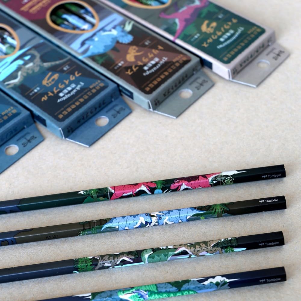 Tombow Pencil 2B Dinosaur Drawing Set 12 Pencils Designs x 6 Original Card Glitter Pencils, B, (2 Pencils) + + Stickers, PCA-371BAZ