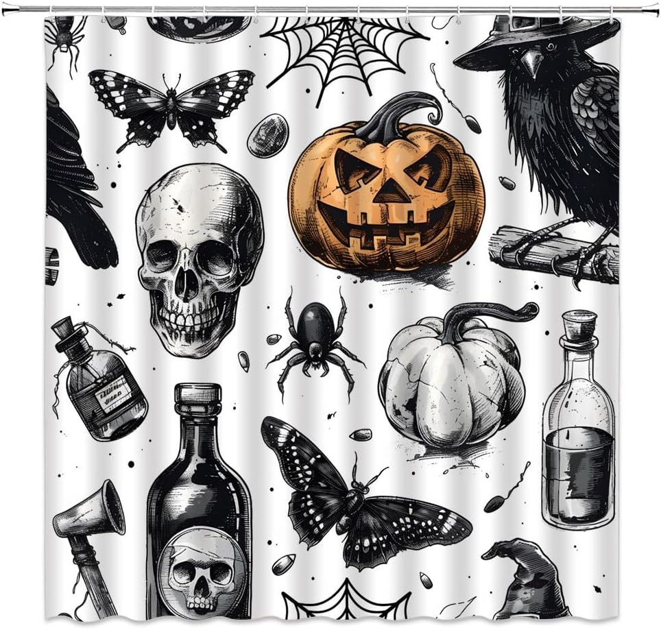 Gothic Skull Pumpkin Shower Curtain Halloween Spider Crow Butterfly Scary Magic Potion Black and White Festival Decorate