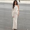 European and American style women's clothing autumn new sexy slanted shoulder hollow one-step skirt lace splicing high-end long skirt