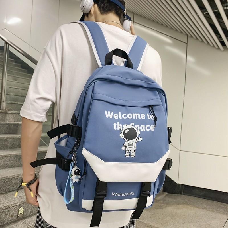 

Large Capacity Nylon Backpack For College High School Junior School Students Waterproof Fashionable Street Style Shoulder Bag синий