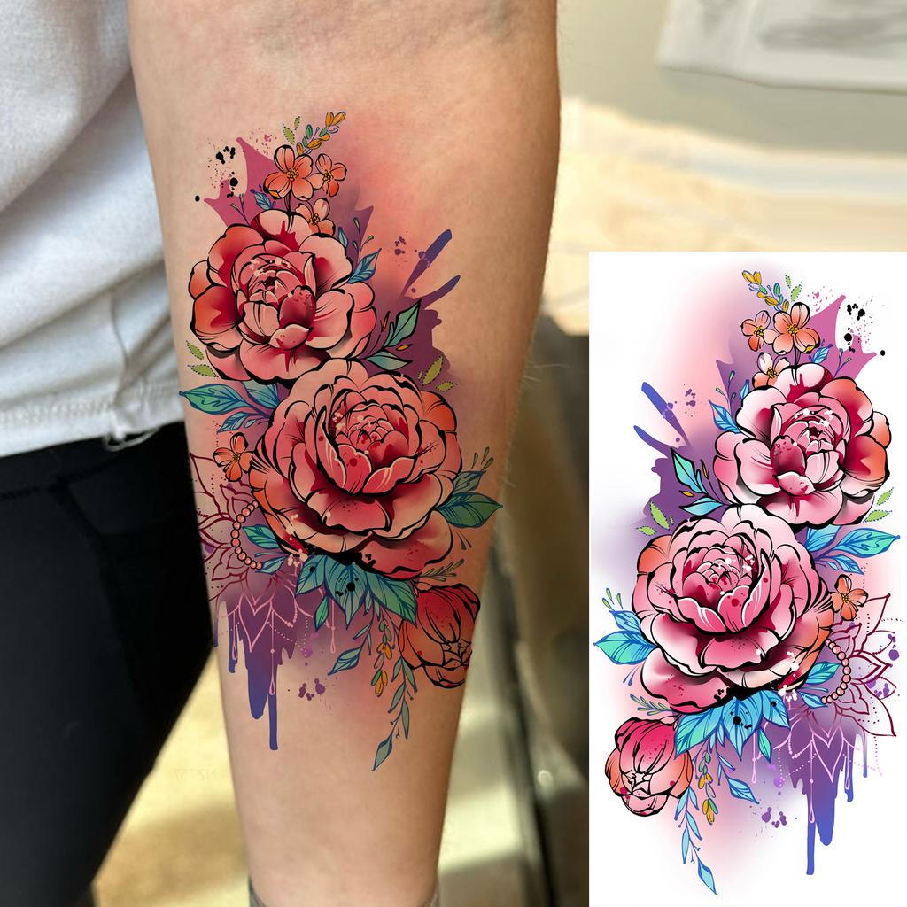 1 Sheet Butterfly Watercolor Flower Tiger Temporary Tattoos For Women Men Adults Fake Phoenix Parrot Lotus Tattoo Sticker Sleeve