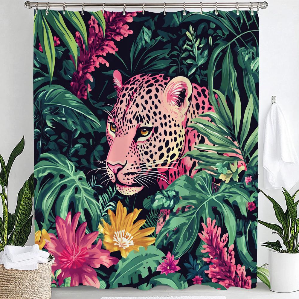 Tropical Plants, Flowers and Pink Leopards Print Waterproof Shower Curtain Hanging Curtain 12 Hooks Decoration Machine Washable