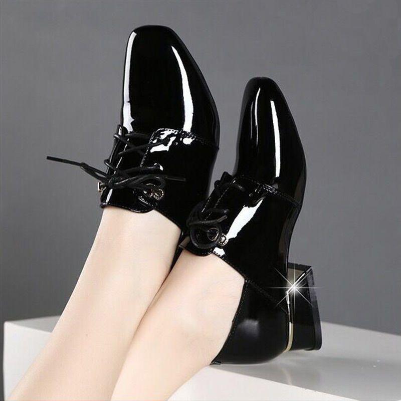 Women Cute  Black Patent Leather Lace Up Square Heel Shoes  De  Lady Classic Red Autumn Shoes