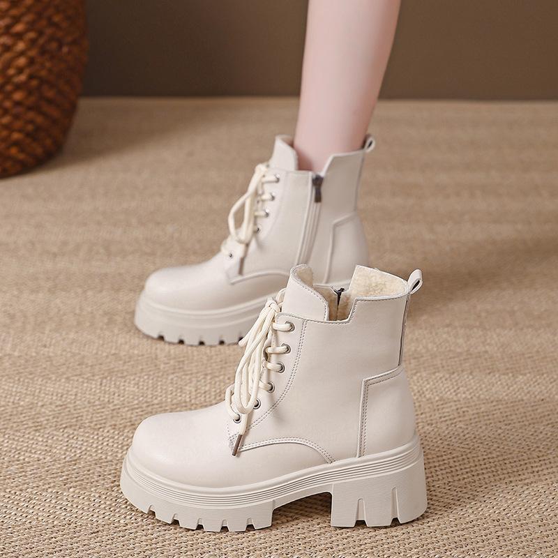 Thick-soled Martin boots for women, autumn and winter velvet versatile short boots, side zipper lace-up cotton boots