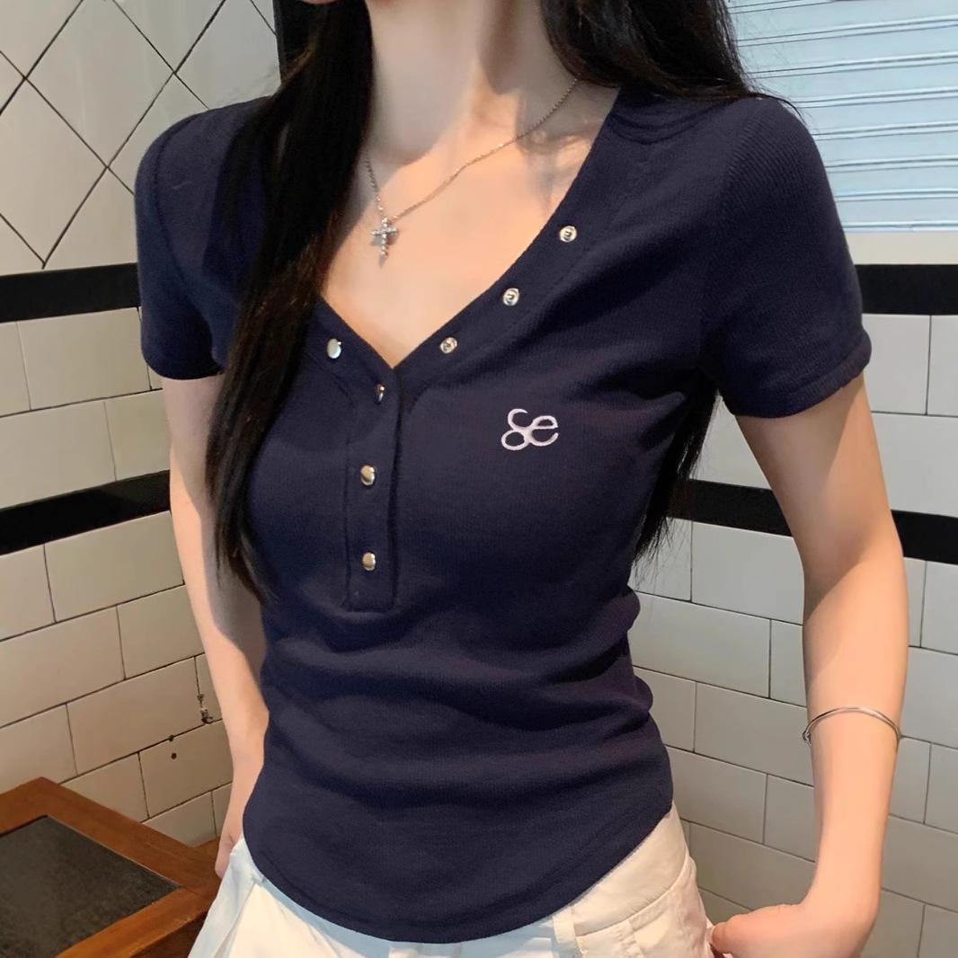 

American Spicy Girl Slimming V-Neck Short-Sleeve Summer Top Extra Large темно-синий