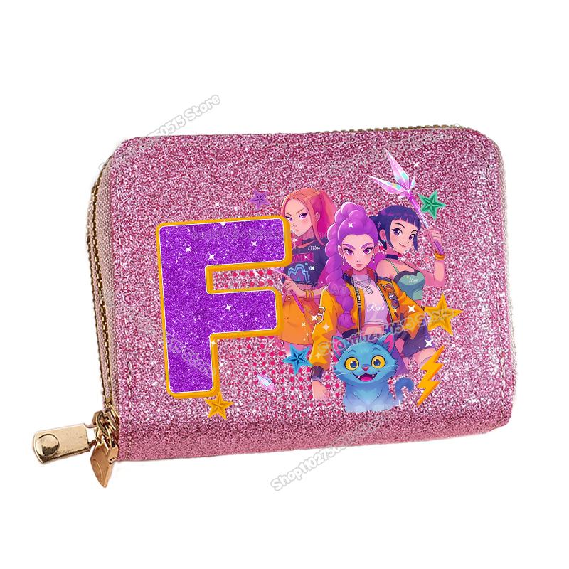 Korean Pop Demon Hunters Letter A-Z Women Short Wallet Bling Sequin Pu Leather Wallets Zipper Coin Purse ID Card Holder Girl Purse