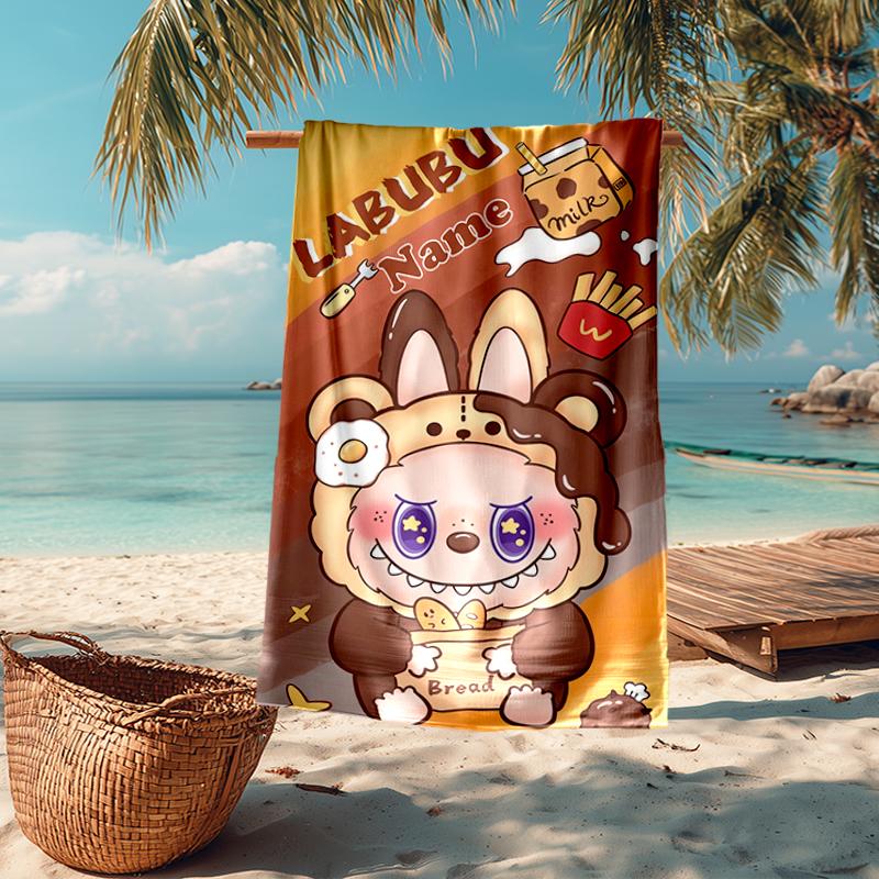 Custom Name Ultra-Soft Beach Towel with Labubu Theme,Ideal for Pool - Camping, Diving - Perfect Travel Essential, Vibrant Beach Towel.
