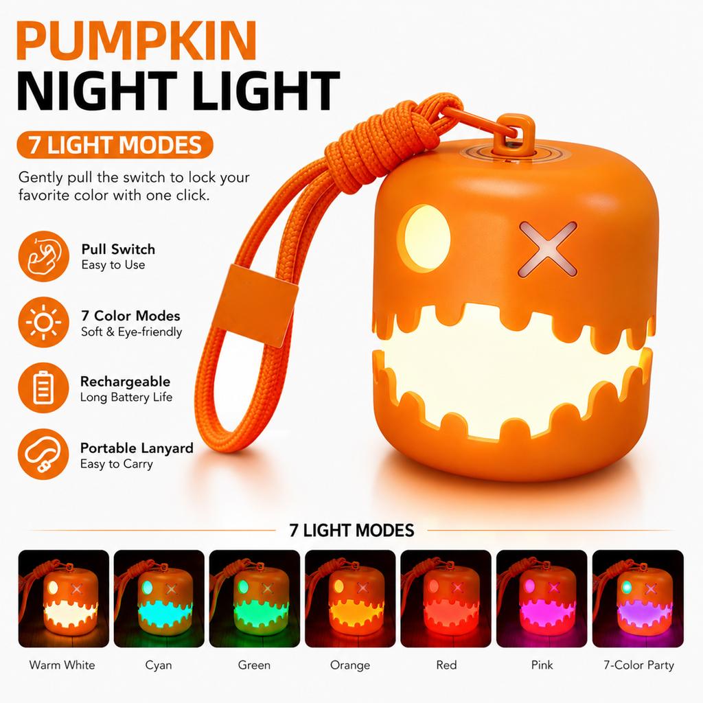 Halloween Pumpkin Shaped Night Light USB Rechargeable Portable Bedside Sleep Companion Lamp for Bedroom Living Room Decor