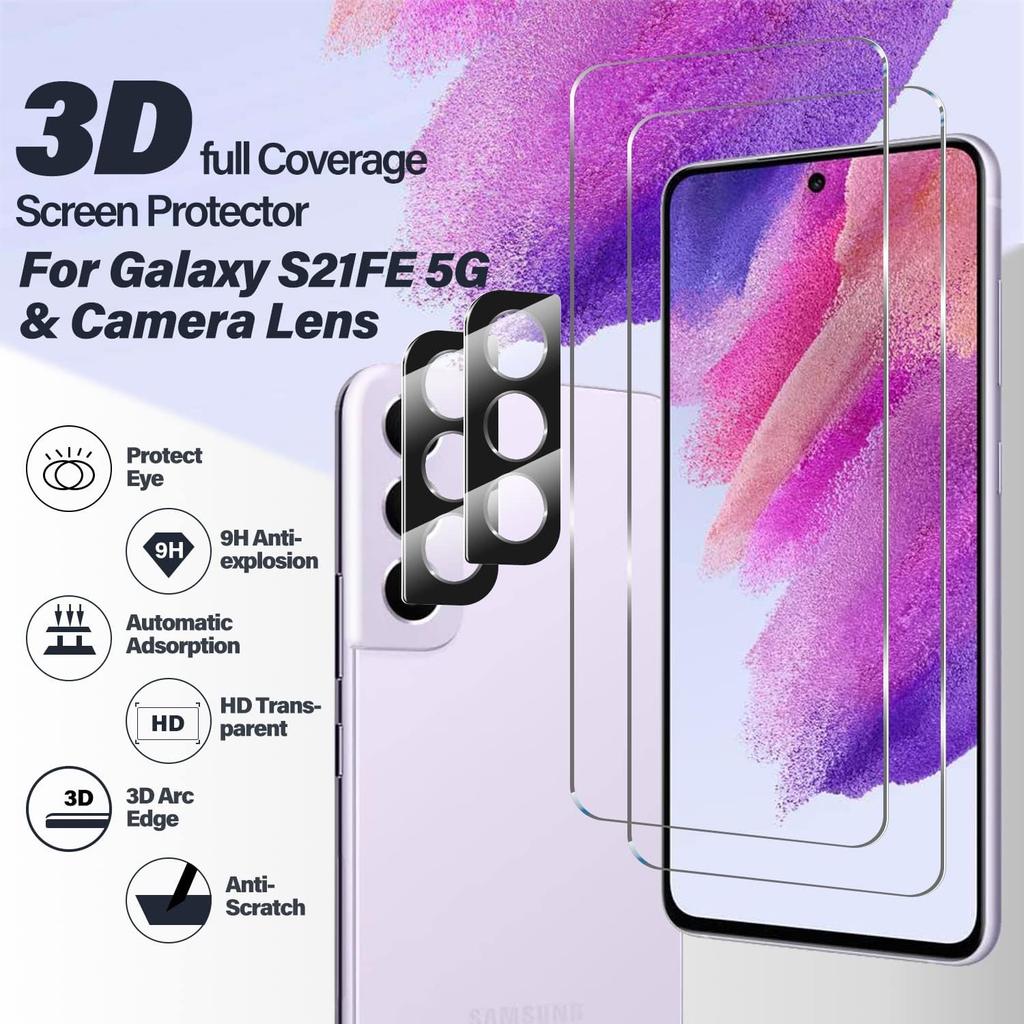 BIG FACE Galaxy S21 FE Tempered Glass Screen Protector + Camera Lens Protector [ 2 + 2 Pack ][Fingerprint Unlock] [Anti-Scratch] [Case Friendly]