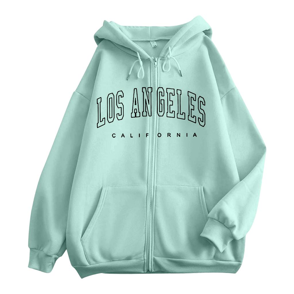 Women's Relaxed Fit Casual Zip-Up Hoodie Sweatshirt with Letter Print