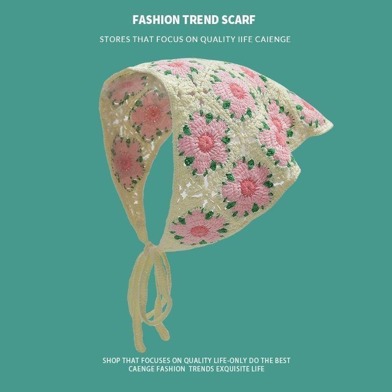 Ins Style High-end Triangular Headscarf for Summer Outings and Rural Style  New Retro Knitted Hollow Headscarf for Women