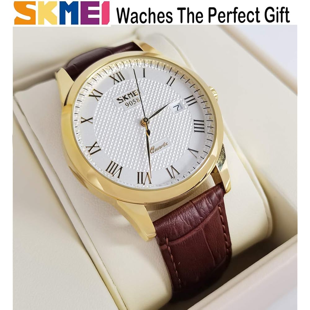 Men's Brown Leather Strap Quartz Analog Watch Waterproof Classic Casual Lightweight Date Display
