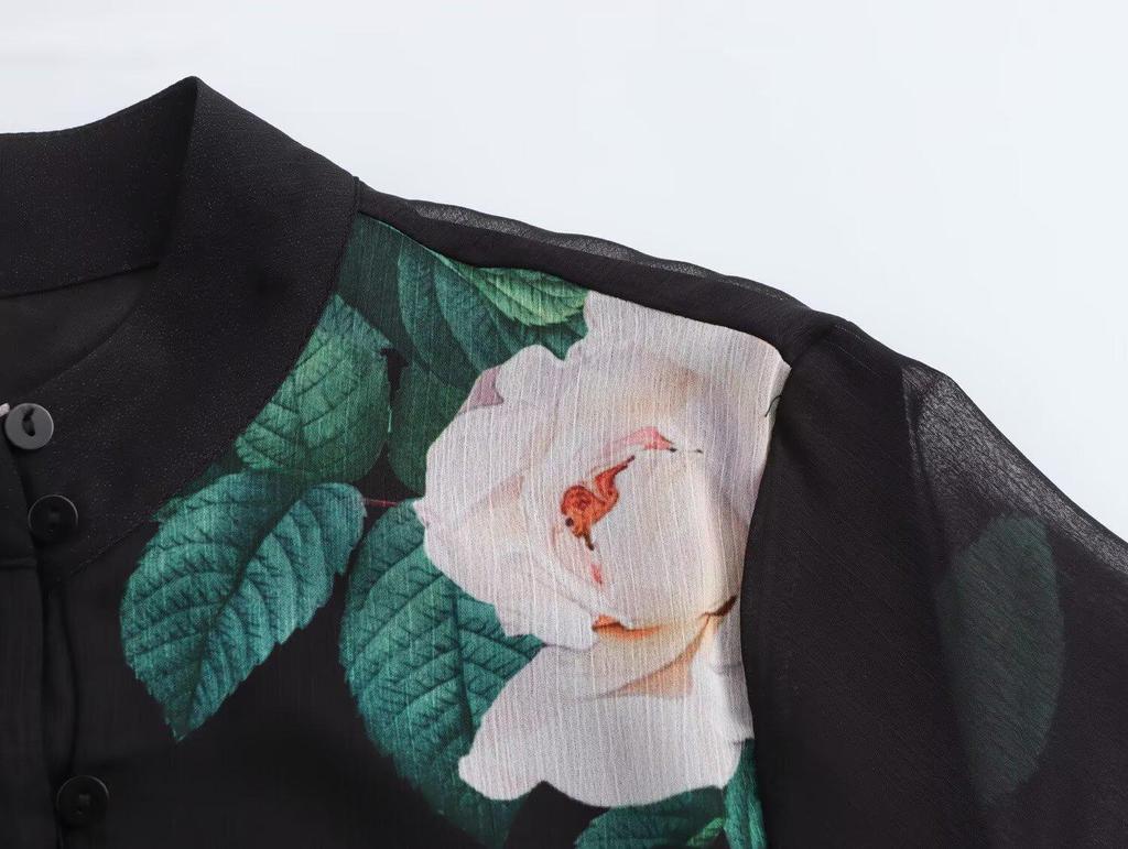 2025 Spring Women's European-American Style Single-Breasted Printed Long-Sleeve Dress