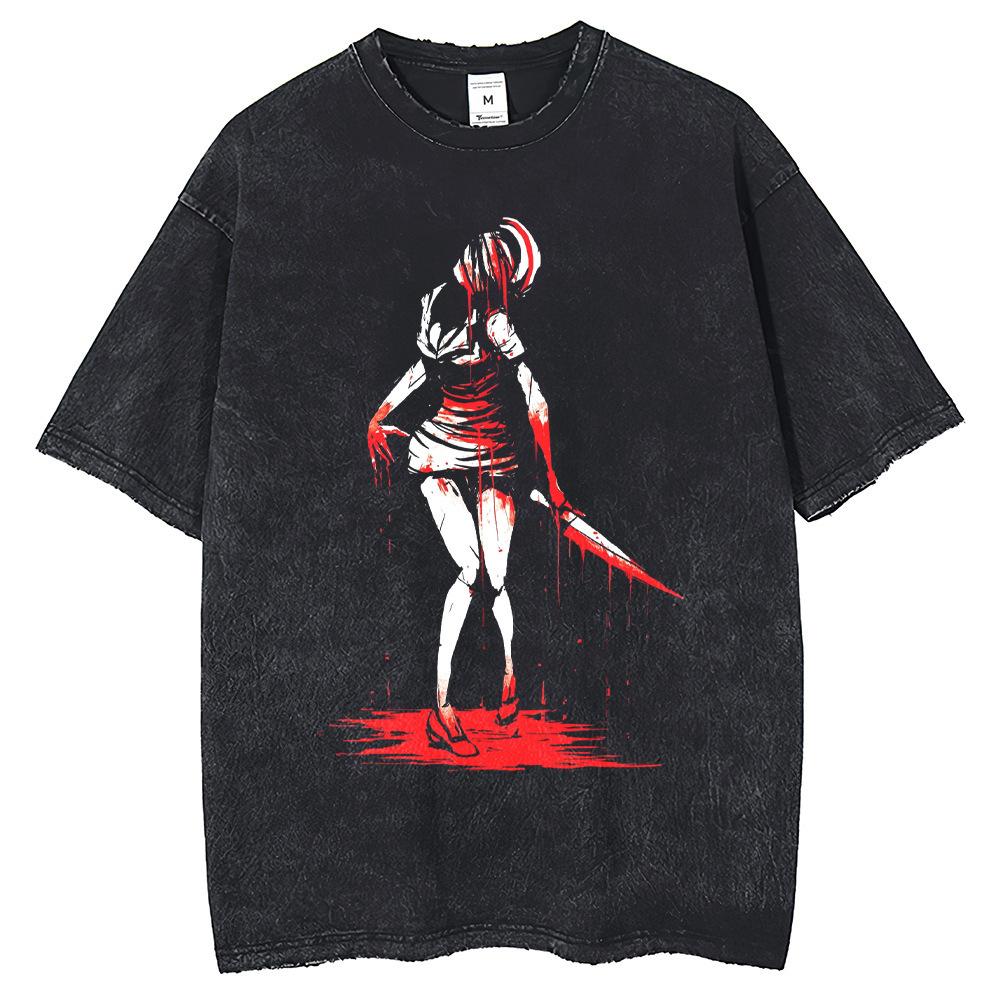 Retro Wash T-Shirt Punk Game Pattern Character Print T- S