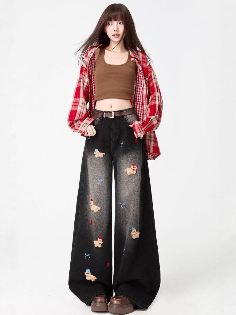 Women's Retro Puppy Embroidered Wide-Leg Jeans - Autumn Slimming Design