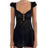 Mini-Spitzenkleid Sommer Damen Durchsichtig Kurzärmelig V-Ausschnitt Hohlknopf A-Linie Kleid Clubwear