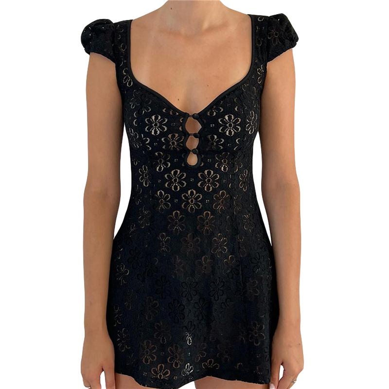 Mini-Spitzenkleid Sommer Damen Durchsichtig Kurzärmelig V-Ausschnitt Hohlknopf A-Linie Kleid Clubwear
