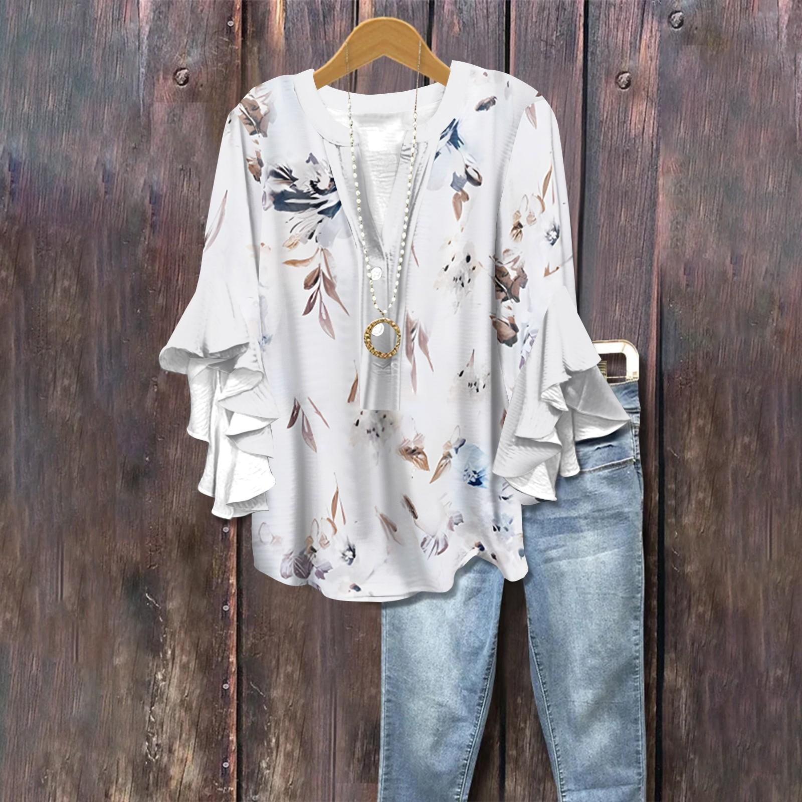 

Summer Tops For Women Cute V Neck 3/4 Sleeve Blouses Floral Print Top Casual Shirts L