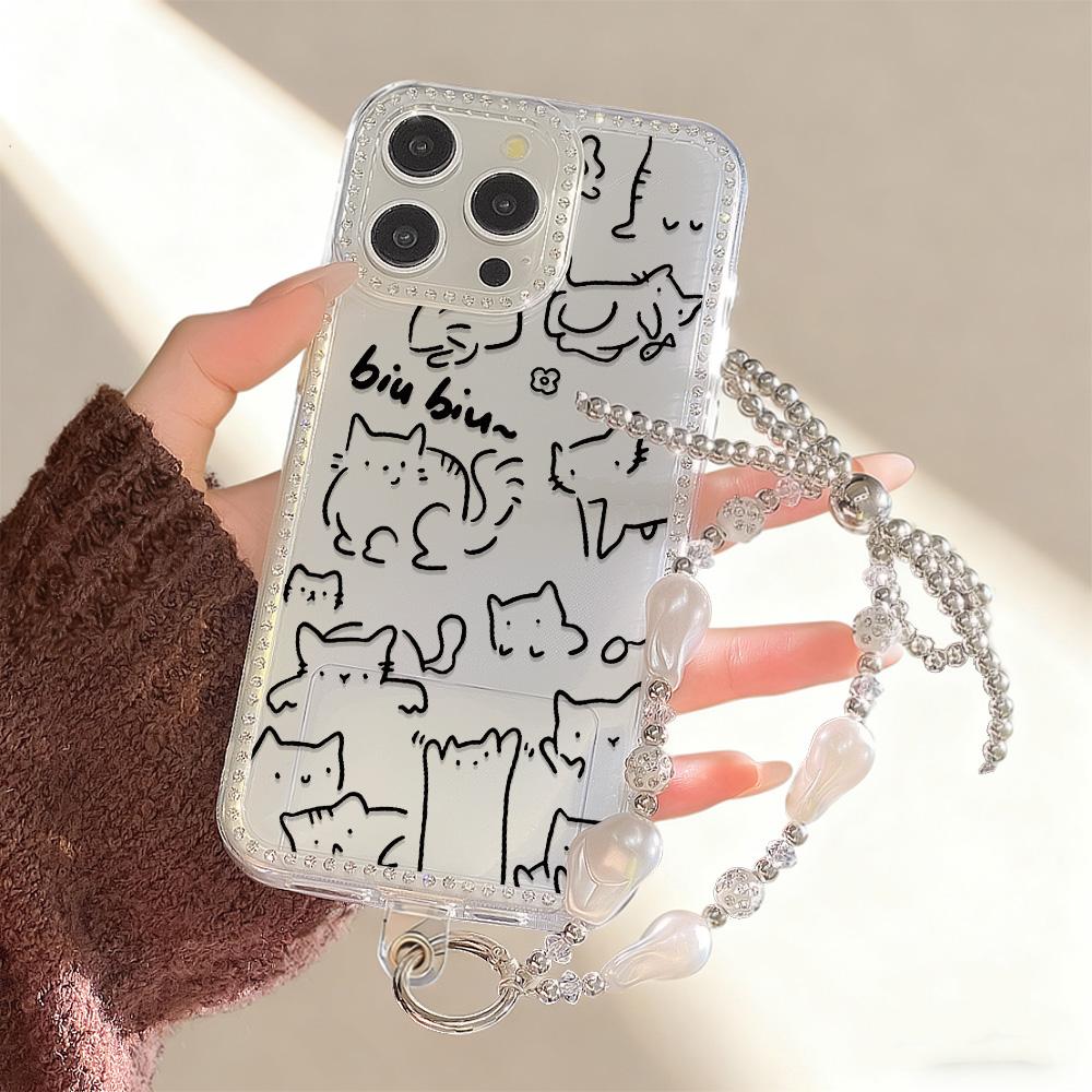 Bracelet Chain Phone Case For iPhone 17 16 15 13 14 for 17Air 17 12 14 16 Pro 17 14 16 Pro Max Sparking Diamond Cute Pattern Hard Cover With Lanyard