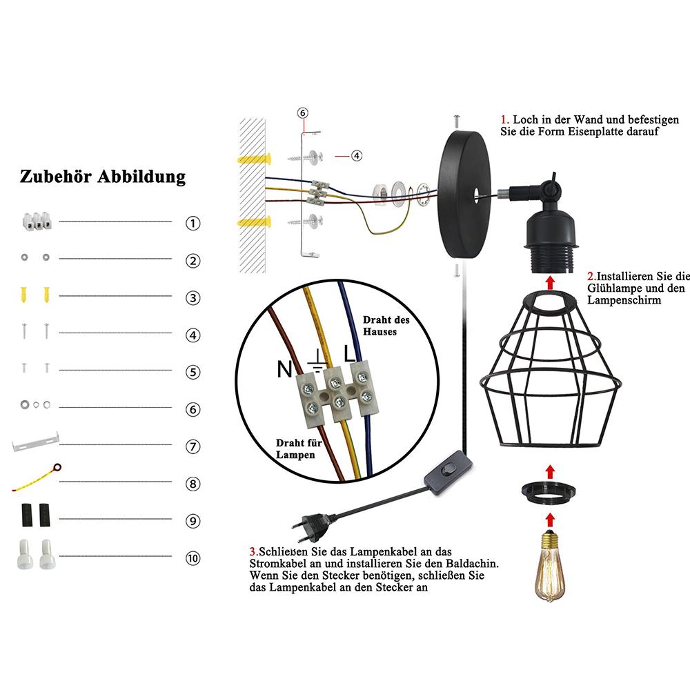 Tomshine AC 220–240 V Wandleuchte, Lampenschirm, E27-Sockel mit Schalter, Innenwandleuchte im Vintage-Stil
