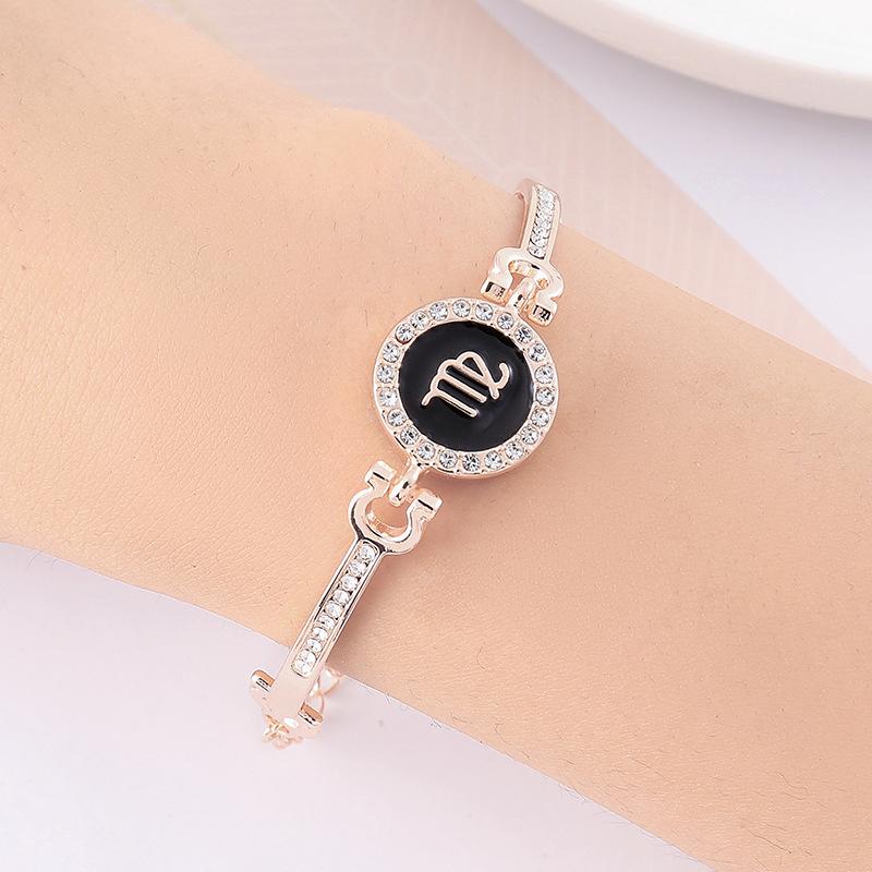 12 Zodiac Signs Bracelet for Women, Rose Gold Plated Inlaid Diamond Constellation Bangle, Fashion Couple Jewelry Gift