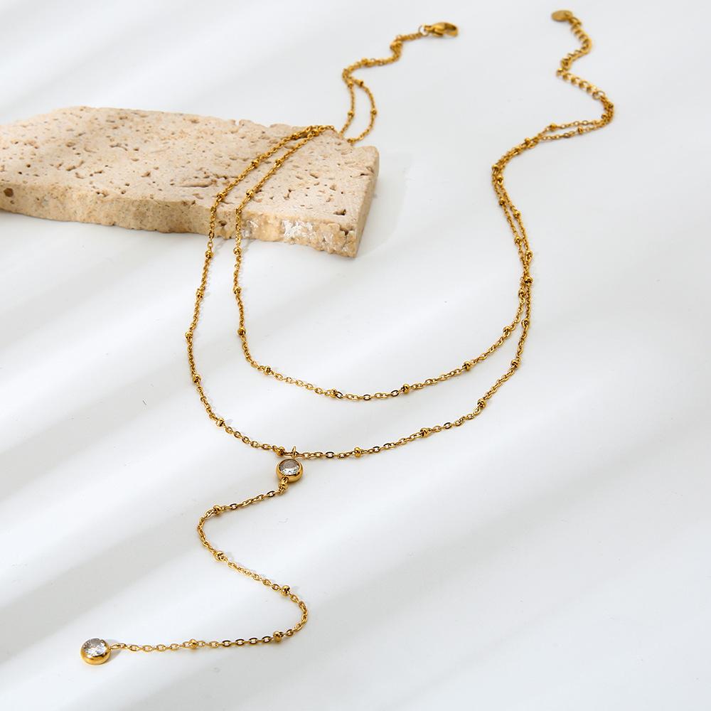 INS Fashion Design Sense Round Zircon Long Tassel Double Layer Necklace Plated 18K Gold Stainless Steel Sweater Chain Women