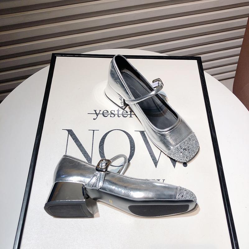 Design Silvery Glitter Women Mary Jane Shoes Casual Thick Heel  Spring Autumn Fashion Wedding Dancing Party Shoes
