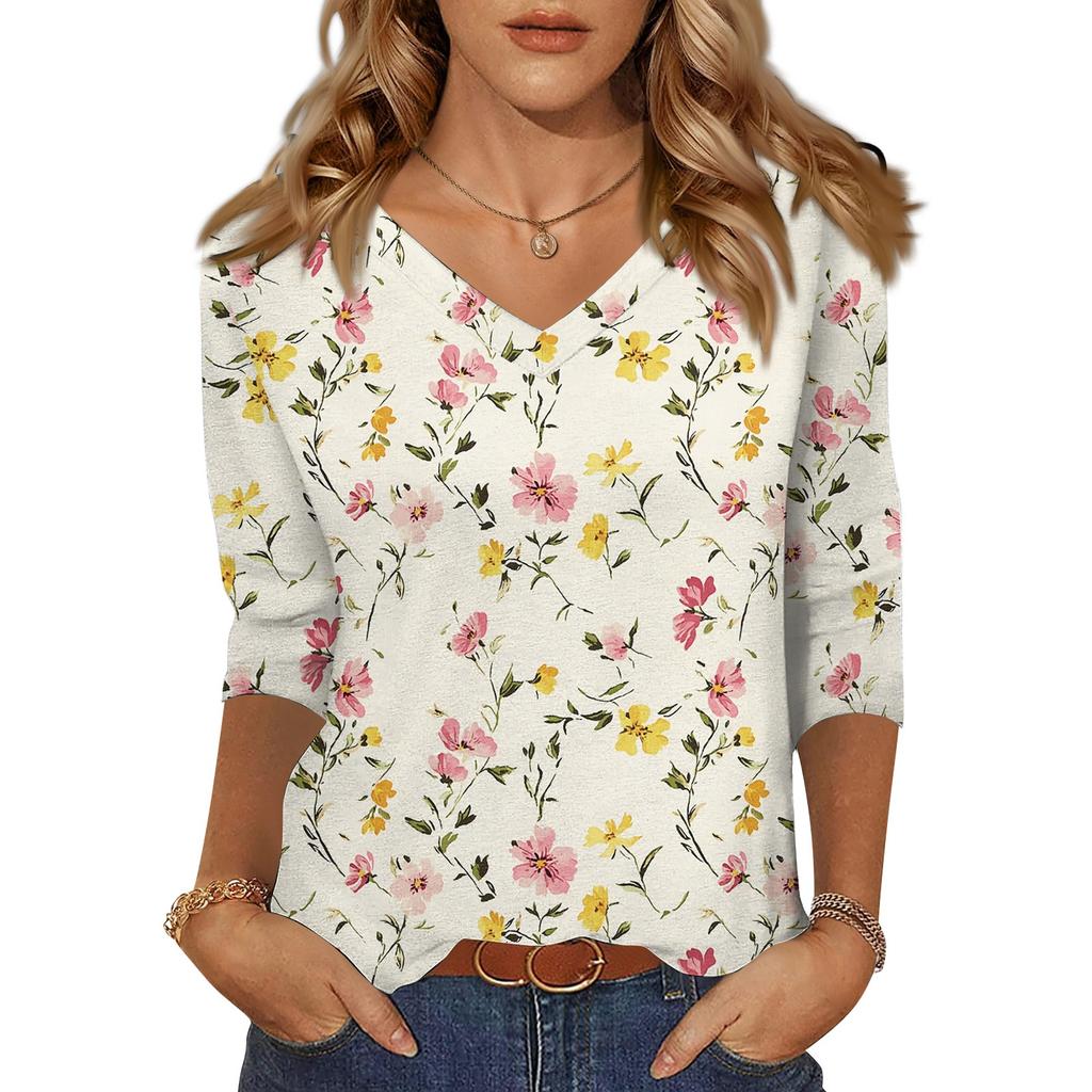 3/4 Sleeve Shirts For Women Cute Print Graphic Tees Blouses Casual Plus Size Basic Tops Pullover