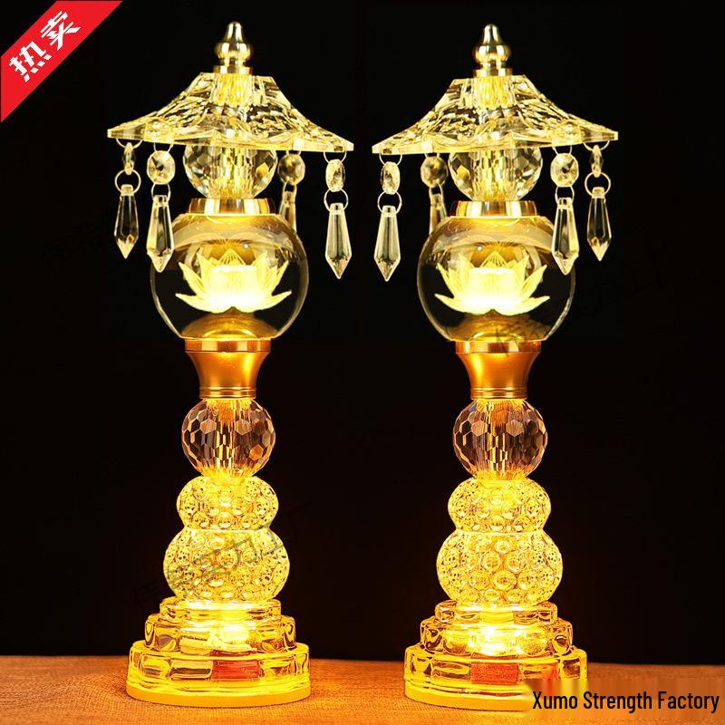 Buddha Altar Seven-Color Crystal Lotus Lamp, Plug-in Pair for Year of the Horse