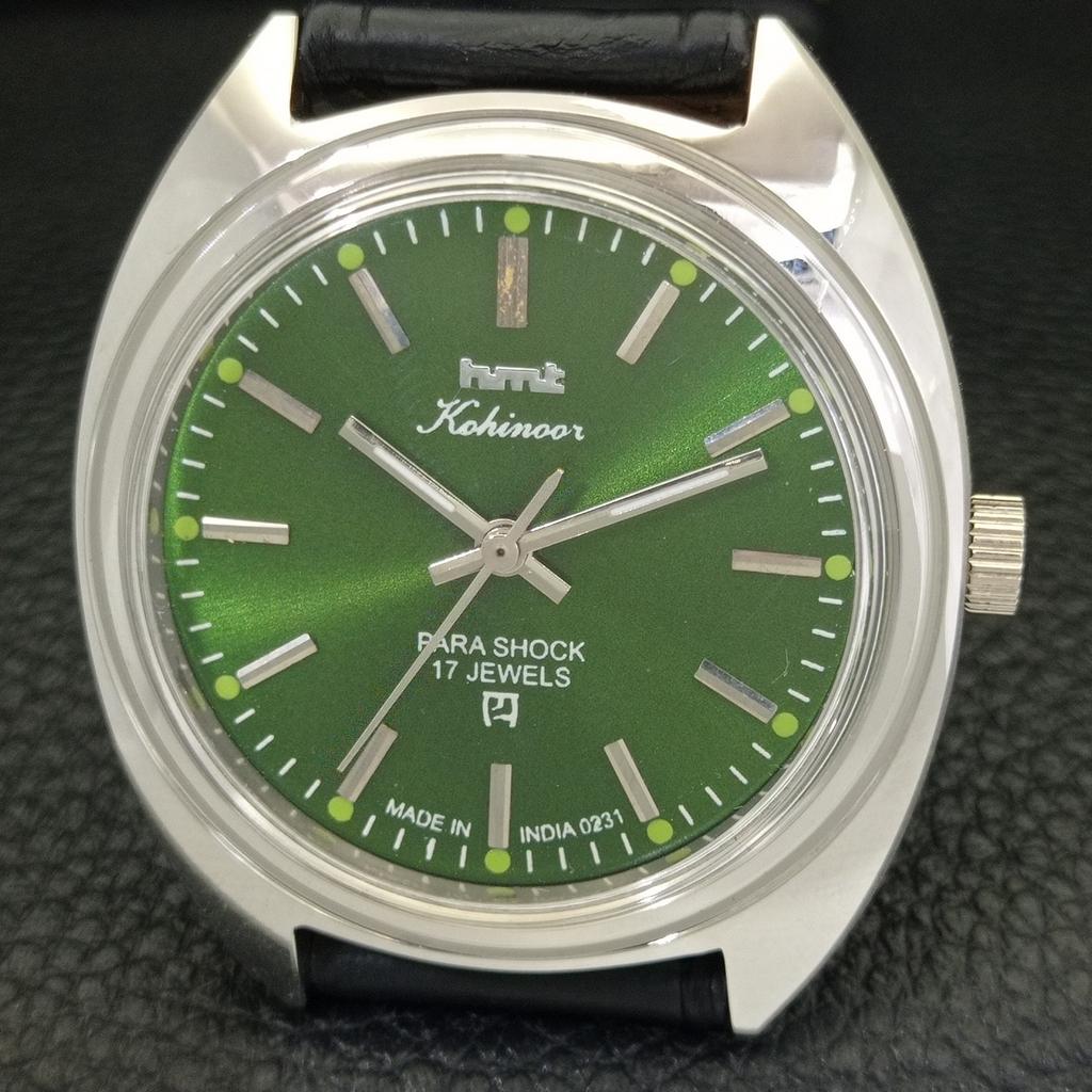 INDIAN VINTAGE HMT KOHINOOR HAND-WINDING MENS GREEN COLOR DIAL WATCH a440925-4 HT-a440925