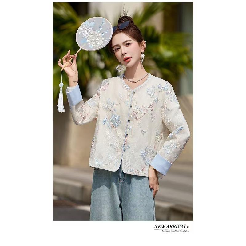 Women's Lightweight Embroidered Floral Cardigan Casual Loose Round Neck Long Sleeve Outerwear