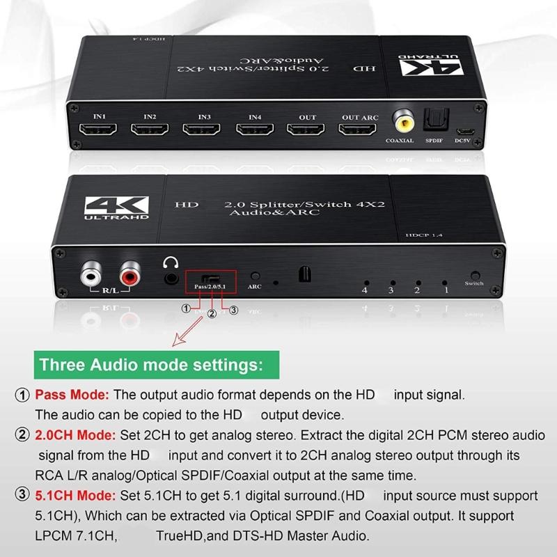 Video Processing HDTV2.0 Box with 4 Inputs 2 Outputs Switcher For 3840x2160P Visual And Various Format Sound Extraction