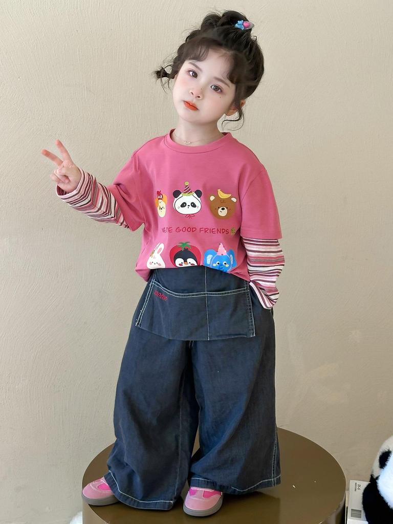 2025 Dziewczęca Wiosenno-Jesienna Koszulka z Długim Rękawem Udająca Dwuczęściową