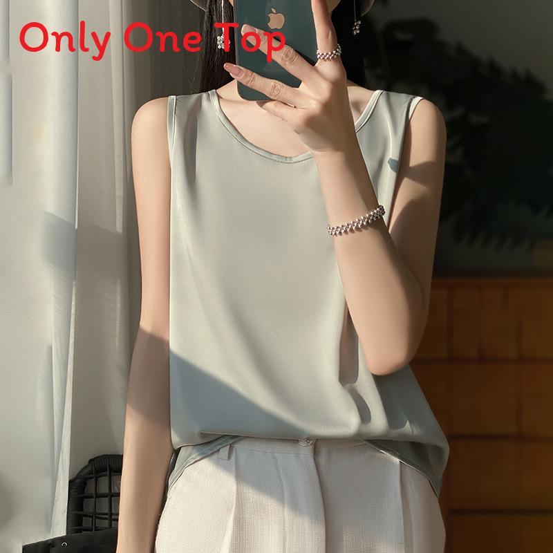 Silk Satin Summer Womens Sleeveless T Shirt With Round Neck For Office Wear