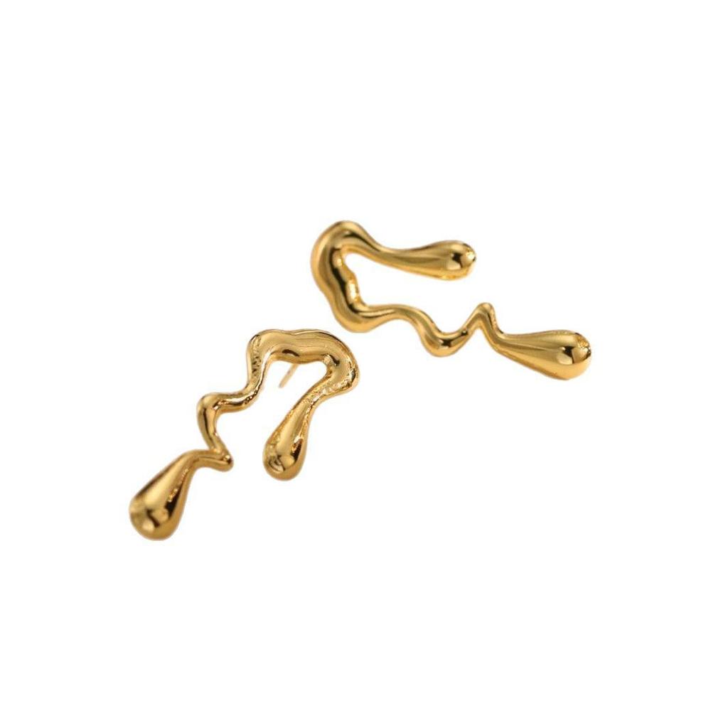 18K Gold Plated Irregular Water Drop Cross Stud Earrings for Women - Stainless Steel, Colorfast, High-End Accessories.