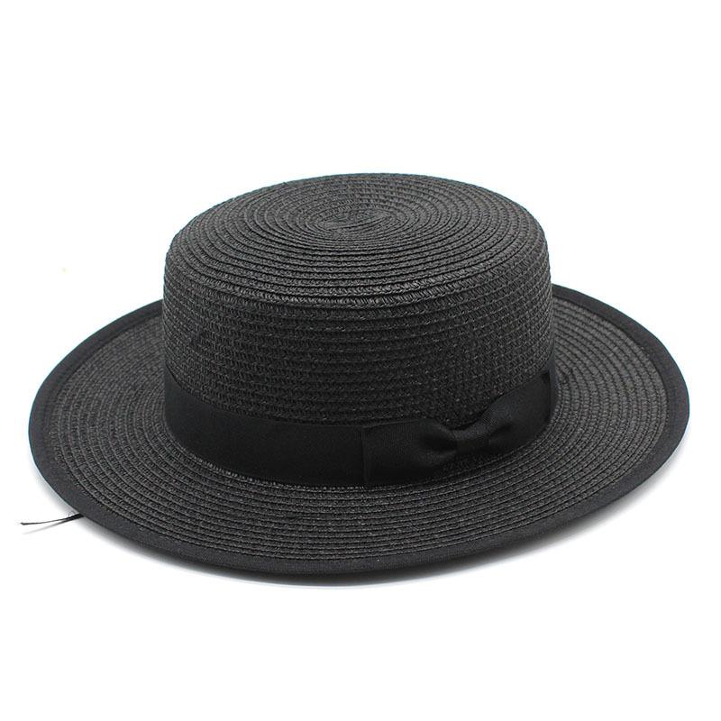 Summer Straw Hat Women'S Straw Bow Black Hemming Flat Top Sunscreen Beach Hat Casual Fashion Hat