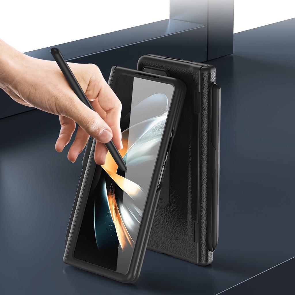 With Touch Pen Case For Samsung Galaxy Z Fold 7 Leather Hinge Fold 6 5 4 Screen Protector Tempered Film Folding Kickstand Cover