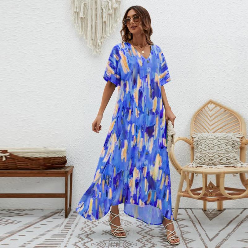Summer New Elegant Long Dress V-Neck Printing High Waist Loose Swing Short Sleeve Dress Women