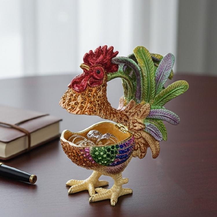 Premium Alloy Rooster Figurine Box With Enamel Finish For Safekeeping Valuables And Gifts Jewelry Organiser