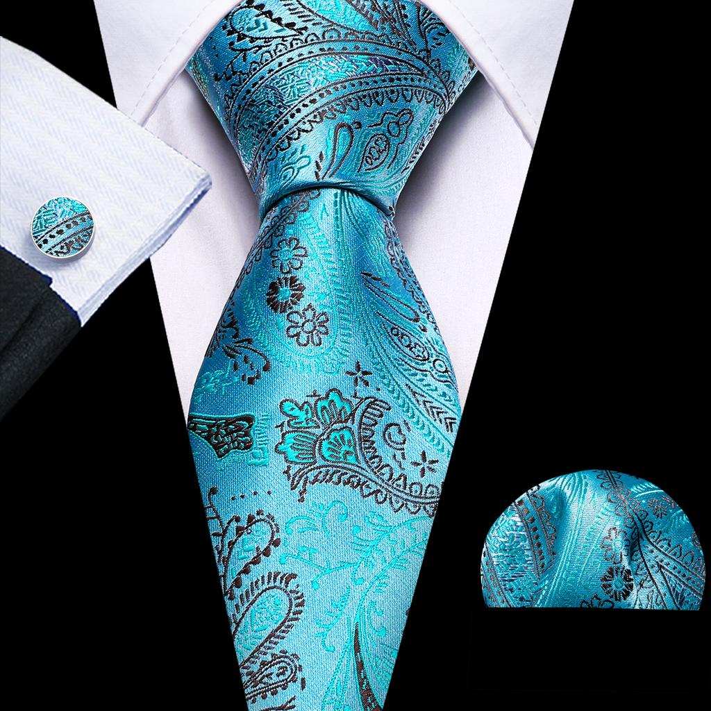 Barry.Wang Floral Ties for Men Woven Paisley Wedding Necktie Handkerchief Cufflinks Formal Casual Set