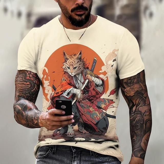 Animal T-Shirts For Men Summer Short Sleeve Tee Japanese Samurai Pattern Print Oversized Clothing Fashion Casual Streetwear