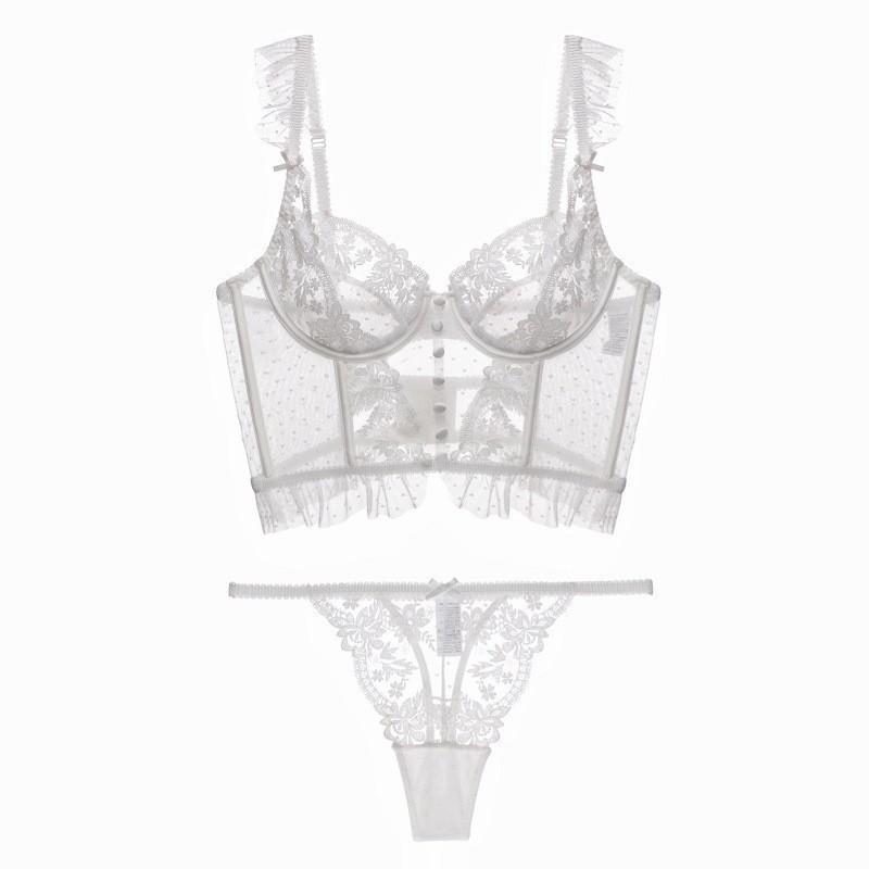 French underwear women's ultra-thin large breasts show small large size underwear, sexy embroidery gathers beautiful back lace bra set